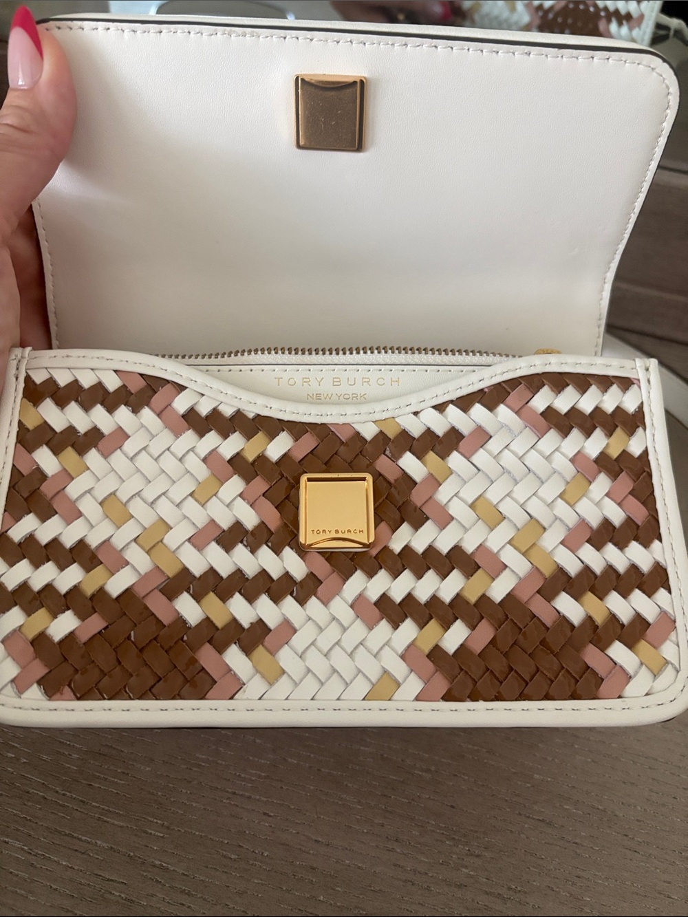 Tory Burch Woven White, Brown & Pink Mini Top-Handle Bag - Picture 2 of 8